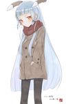  ark_kan hands_in_pockets headgear kantai_collection long_hair murakumo_(kantai_collection) pantyhose red_eyes scarf silver_hair solo translated trench_coat 