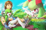  breasts brown_hair cloud cute eyelashes female gardevoir grass green_eyes green_hair group hair heterochromia human kirlia long_hair male mammal masterploxy nintendo open_mouth outside pok&eacute;mon red_eyes sitting sky smile teeth tongue video_games watermark 