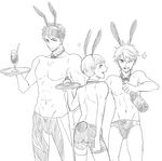  animal_ears bad_id bad_pixiv_id bottle bunny_boy bunny_ears bunny_tail detached_collar fake_animal_ears fake_tail free! greyscale jammers male_focus male_swimwear mikoshiba_momotarou mole mole_under_eye monochrome multiple_boys nitori_aiichirou one_eye_closed open_mouth ronisuke smile sparkle swim_briefs swimwear tail tray yamazaki_sousuke 