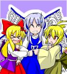  &gt;_&lt; ^_^ angel_wings blonde_hair blue_hair closed_eyes elis_(touhou) facial_mark grin hair_ornament hair_ribbon high_collar jacket japanese_clothes locked_arms looking_at_another miera multiple_girls red_eyes ribbon sariel shirt smile star sweatdrop touhou touhou_(pc-98) wide_sleeves wings yuugenmagan 