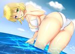  1girl artist_request ass bare_shoulders bent_over bikini blonde_hair blue_eyes blush breasts female from_behind green_eyes hanging_breasts heterochromia huge_ass large_breasts leaning leaning_forward looking_at_viewer noeomi open_mouth ryouna_(senran_kagura) senran_kagura senran_kagura_(series) shiny shiny_skin short_hair sky smile solo swimsuit water 