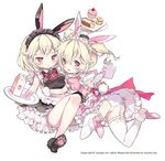  animal_ears ass blonde_hair blush bunny_ears cupcake food garter_straps glass hairband lolita_hairband milk_carton multiple_girls original panties paw_print plate red_eyes shoes short_hair siblings strawberry_milk thighhighs twins twintails underwear youm 