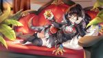  au_ra black_hair boots drink final_fantasy_xiv glasses horns ling_(doraling12) long_hair ponytail red_mage tail thighhighs yellow_eyes 