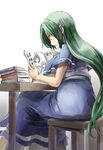  blue_capelet blue_dress book breasts capelet chair commentary_request cover dress fairy_maid green_hair large_breasts long_hair magazine_cover mima nagae_iku no_hat no_headwear reading sitting solo touhou touhou_(pc-98) translation_request very_long_hair yohane 