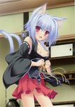  :o absurdres animal_ears blue_hair braid breasts breasts_outside cat_ears cat_tail cowboy_shot detached_sleeves drawer highres indoors japanese_clothes kimono kimono_skirt kiryuu_hina looking_at_viewer mikagami_mamizu multiple_tails neko_koi! nekomata nipples open_mouth panties pantyshot pink_eyes pleated_skirt scan shelf skirt small_breasts solo standing surprised tail underwear vase 
