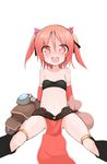  bandeau boots brave_sword_x_blaze_soul copyright_name flat_chest highres looking_at_viewer midriff morino_donguri navel open_mouth red_eyes red_hair short_twintails sitting skirt smile solo strapless twintails 