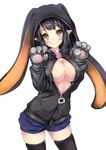  animal_ears animal_hood bad_id bad_pixiv_id black_hair breasts brown_eyes bunny_ears bunny_hood cleavage gloves hood hooded_jacket hoodie jacket large_breasts marisasu_(marisa0904) no_bra open_clothes open_hoodie open_jacket original paw_gloves paws pointy_ears short_hair shorts solo thighhighs 