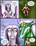  2003 anthro breasts clothed clothing comic dialogue dragon ear_piercing english_text female foot_fetish footwear green_scales group hair headband horn human jewelry long_hair male mammal markie orange_eyes piercing pink_scales purple_hair purple_scales sandals scalie size_difference slit_pupils smile speech_bubble teeth text white_eyes 