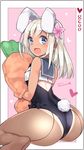  :d animal_ears ass back-seamed_legwear blonde_hair blue_eyes blush bunny_ears bunny_tail bunnysuit carrot dated fake_animal_ears fishnet_pantyhose fishnets flower from_behind hair_flower hair_ornament heart highres image_sample kantai_collection kuro_chairo_no_neko long_hair looking_back one-piece_tan open_mouth pantyhose ro-500_(kantai_collection) seamed_legwear smile solo stuffed_carrot stuffed_toy tail tan tanline twitter_sample twitter_username 