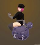  ass belt breasts cabbie_hat gen_1_pokemon gloves grey_gloves grey_legwear hat holding holding_poke_ball lips lipstick makeup nose penelope_and_me pink_hair poke_ball pokemon pokemon_(creature) pokemon_(game) red_eyes short_hair short_shorts shorts simple_background sitting sitting_on_head sitting_on_person team_rocket team_rocket_grunt thighhighs weezing 