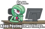  blush breasts chair computer computer_mouse dialogue english_text eyelashes female gardevoir green_hair hair looking_at_viewer nintendo open_mouth pok&eacute;mon red_eyes sitting teeth text tongue unknown_artist video_games 