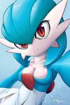 blue_hair breasts cleavage clothed clothing cute eyelashes female gardevoir hair looking_at_viewer masterploxy nintendo pok&eacute;mon red_eyes shiny_pok&eacute;mon smile solo video_games 