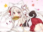  1girl :3 animal_ears animal_hood ass azur_lane bangs bare_shoulders blush breasts closed_mouth commentary_request creature detached_sleeves eyebrows_visible_through_hair fang fang_out food_in_mouth gradient gradient_background grey_hair highres hood hood_up hot_dog ju_(a793391187) long_hair long_sleeves medium_breasts mouth_hold pink_background pleated_skirt pom_pom_(clothes) purple_eyes red_eyes red_ribbon red_skirt ribbon short_eyebrows skirt slit_pupils solo tail tail_raised thick_eyebrows very_long_hair white_background white_sleeves wolf_ears wolf_girl wolf_hood wolf_tail yuudachi_(azur_lane) 