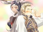  1girl animal_ears back-to-back balflear blush breasts brown_hair bunny_ears dark_skin dress_shirt earrings ears_through_headwear final_fantasy final_fantasy_xii fran helmet jewelry large_breasts long_hair masapeko red_eyes shirt short_hair sweatdrop vest viera white_hair 