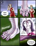  2003 anthro breasts clothed clothing comic dialogue dragon duo english_text feet female foot_fetish foot_focus hair horn human long_hair male mammal markie open_mouth pink_scales purple_hair purple_scales scalie size_difference smile speech_bubble stomping teeth text white_eyes 