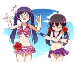  2girls \m/ alternate_hairstyle bikini bikini_skirt black_hair blue_eyes blush breast_envy cloud cloudy_sky cosplay costume_switch covering covering_breasts day double_\m/ flower hair_flower hair_ornament hairstyle_switch long_hair love_live! love_live!_school_idol_festival love_live!_school_idol_project low_twintails multiple_girls open_mouth oversized_clothes purple_hair red_eyes ribbon scrunchie shipii_(jigglypuff) sky swimsuit tarot tearing_clothes torn_clothes toujou_nozomi toujou_nozomi_(cosplay) trembling twintails undersized_clothes wavy_mouth yazawa_nico yazawa_nico_(cosplay) 