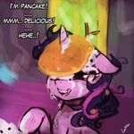  2015 branch english_text equine female feral food friendship_is_magic hair horn lumineko mammal messy_hair my_little_pony open_mouth pancake purple_eyes purple_hair solo text twilight_sparkle_(mlp) 