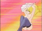  1girl 80s 90s angry animated animated_gif ass ass_shake blonde_hair breast_grab breasts covering covering_crotch cream_lemon grabbing long_hair lowres nipples solo source_request thighhighs thong topless undressing 