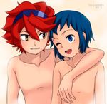  blue_eyes blue_hair blush grin headband multiple_boys no_nipples one_eye_closed open_mouth red_hair smile torajimaneko yellow_eyes 