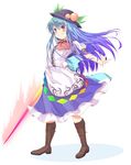  bad_id bad_pixiv_id blue_hair boots dress food fruit full_body grin hat highres hinanawi_tenshi knee_boots layered_dress leaf long_hair nekomiyanono outstretched_arm peach puffy_short_sleeves puffy_sleeves red_eyes ribbon short_sleeves simple_background smile solo sword_of_hisou touhou white_background wind 