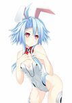  &gt;:( adapted_costume animal_ears bare_shoulders blue_hair bow bowtie breasts bunny_ears bunny_girl bunnysuit cowboy_shot fake_animal_ears frown gene_(gear_gene) groin highres leaning_forward neptune_(series) power_symbol red_eyes short_hair_with_long_locks sidelocks simple_background small_breasts solo symbol-shaped_pupils v-shaped_eyebrows white_background white_heart 