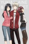  2girls aldnoah.zero arm_holding black_hair blonde_hair casual character_name flannel girl_sandwich hair_ornament hairclip hood hoodie kaizuka_yuki kl multiple_girls pantyhose rayet_areash red_hair sandwiched short_hair silver_hair slaine_troyard 