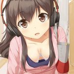  akagi_(kantai_collection) akai_ronii bag bra breasts brown_eyes brown_hair cleavage contemporary downblouse extended_downblouse handbag headphones kantai_collection long_hair looking_at_viewer lowres medium_breasts open_mouth solo sweatdrop underwear 