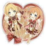  :d angel_wings armband ayase_eli bad_id bad_pixiv_id blonde_hair blue_eyes bow chibi chocolate chocolate_heart clothes_writing hair_bow happy_valentine headset heart jacket kneehighs kousaka_honoka long_sleeves looking_at_viewer love_live! love_live!_school_idol_festival love_live!_school_idol_project momoon_karin multiple_girls no_shoes one_side_up open_mouth orange_hair ponytail ribbon scrunchie skirt smile striped striped_legwear suspender_skirt suspenders thighhighs valentine vertical-striped_legwear vertical_stripes wings 