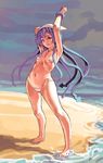  :q arms_up barefoot beach bikini blue_eyes blue_hair breasts cameltoe covered_nipples hat highres honzawa_yuuichirou ikamusume micro_bikini navel ocean outdoors shinryaku!_ikamusume sky small_breasts solo swimsuit tongue tongue_out underboob water 