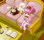  book coffee couch cup doughnut eating final_fantasy final_fantasy_xiv food from_above lalafell long_hair looking_up moogle mug open_mouth pajamas pink_eyes pink_hair pointy_ears ponytail ryokuyuu sitting slippers stuffed_toy table 