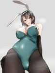  animal_ears black_hair blush breasts bunny_ears bunny_girl bunnysuit cameltoe covered_nipples elbow_gloves from_below gloves highres kantai_collection large_breasts looking_at_viewer open_mouth pantyhose red_eyes short_hair slept_(re_mix) solo takao_(kantai_collection) 