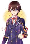  armor blue_eyes brown_hair cherry_blossoms collared_shirt double-breasted horikawa_kunihiro japanese_armor jpeg_artifacts kote kuuko male_focus parted_lips petals shirt solo touken_ranbu white_background 