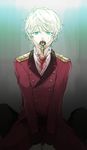  aldnoah.zero artificial_eye blonde_hair blood blood_in_mouth cybernetic_eye green_eyes highres kl male_focus mouth_hold saliva silver_hair slaine_troyard solo_focus straddling wire 