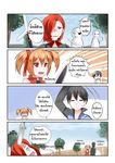 2girls 3boys 4koma black_hair catstudioinc_(punepuni) comic covering_mouth earrings emphasis_lines eyepatch hair_over_one_eye hair_ribbon health_bar highres jewelry kirito knife knife_in_head multiple_boys multiple_girls o_o orange_hair pink_eyes polearm red_eyes ribbon rosalia_(sao) silica stabbed sword sword_art_online thai translation_request twintails weapon yawning 