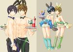  animal_ears ass bad_id bad_pixiv_id black_hair blue_eyes boots brown_hair bunny_boy bunny_ears bunny_tail detached_collar free! full_body green_eyes green_footwear jammers male_focus memeo_(candy_house) multiple_boys muscle nanase_haruka_(free!) open_mouth serving shirtless smile tachibana_makoto tail younger 
