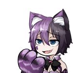  :d animal_ears bell black_hair blue_eyes bow breasts cat_ears cat_paws cheshire_cat_(monster_girl_encyclopedia) claws cleavage facial_tattoo fang j.k. medium_breasts monster_girl monster_girl_encyclopedia multicolored_hair open_mouth paws portrait purple_hair simple_background slit_pupils smile solo tattoo white_background 