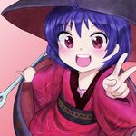  blue_hair blush bowl bowl_hat hat highres holding_needle in_bowl in_container japanese_clothes kimono looking_at_viewer minigirl needle niala obi open_mouth pink_background red_eyes sash short_hair simple_background solo sukuna_shinmyoumaru touhou v 