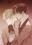  aldnoah.zero bad_id bad_pixiv_id brown_hair imminent_kiss male_focus military military_uniform monochrome multiple_boys naoazaz saazbaum sepia slaine_troyard uniform yaoi 