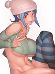  bare_shoulders blue_hair blue_legwear bottomless breast_press breasts fumio_(rsqkr) huge_breasts looking_at_viewer mashiro_mizuki no_panties red_eyes short_hair simple_background single_thighhigh smile solo striped striped_legwear thighhighs thighs tribe_cool_crew underboob v white_background 