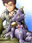  2006 clothed clothing cute digimon dragon duo hair horn human karabiner male mammal monodramon open_mouth plain_background ryo scalie sitting tongue 