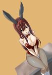  animal_ears bare_shoulders between_legs between_thighs blush boots bow bowtie breasts brown_background bunny_ears bunnysuit cleavage collarbone detached_collar erza_scarlet fairy_tail fake_animal_ears highleg highleg_leotard large_breasts leotard lips long_hair mashima_hiro official_art pantyhose red_eyes red_hair red_leotard shiny shiny_clothes sitting smile solo v_arms wide_hips wrist_cuffs 