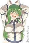  arms_up bad_id bad_pixiv_id blush breasts clenched_hands covered_nipples detached_sleeves frog_hair_ornament green_eyes green_hair hair_ornament kochiya_sanae large_breasts long_hair looking_at_viewer midriff open_mouth rei_no_himo simple_background snake_hair_ornament solo sweatdrop tebukuro_withana touhou twitter_username upper_body white_background 