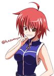  ahoge azumaya_hironaru breasts grin hand_on_hip looking_at_viewer lyrical_nanoha mahou_shoujo_lyrical_nanoha_vivid medium_breasts nove_(nanoha) numbers_(nanoha) red_hair shiny shiny_hair short_hair smile solo twitter_username yellow_eyes 