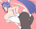  animal_ears armpits ass ban bare_shoulders black_legwear blue_eyes blue_hair breasts bunny_ears bunny_tail bunnysuit detached_collar gloves hair_ribbon hand_on_hip hand_on_own_knee huge_breasts long_hair looking_at_viewer mitsurugi_meiya muvluv nipples pantyhose parted_lips perky_breasts ponytail red_background ribbon simple_background solo tail 