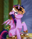  2015 cutie_mark equine female feral food friendship_is_magic hair horn lumelya mammal messy_hair my_little_pony open_mouth pancake purple_eyes purple_hair solo twilight_sparkle_(mlp) winged_unicorn wings 