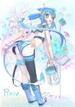  absurdres animal_ears asymmetrical_hair asymmetrical_legwear blue_eyes blue_footwear blue_hair book boots hair_ornament highres jewelry looking_at_viewer mole moon paint_can pencil_skirt pixiv pixiv-tan planet ring rubik's_cube sachimaa skirt solo star tail thighhighs twintails wings 