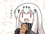  =d aircraft_carrier_water_oni blush_stickers chibi commentary eating food food_on_face goma_(gomasamune) kantai_collection long_hair open_mouth pale_skin pie red_eyes shinkaisei-kan smile solo white_hair 