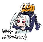  ahoge black_sclera disembodied_head dullahan halloween happy_halloween holding_head jack-o'-lantern lala_(monster_musume) long_hair md5_mismatch monster_musume_no_iru_nichijou okayado red_eyes scarf sketch solo upper_body white_hair 