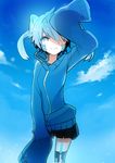  blue_eyes blue_hair cloud day ene_(kagerou_project) headphones highres kagerou_project long_hair sakutoko sky sleeves_past_wrists solo twintails 