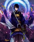  black_hair blue_eyes cherry_blossoms daakuro hair_ornament highres holding holding_sword holding_weapon japanese_clothes katana male_focus mikazuki_munechika necktie petals solo star_(sky) sword touken_ranbu weapon 